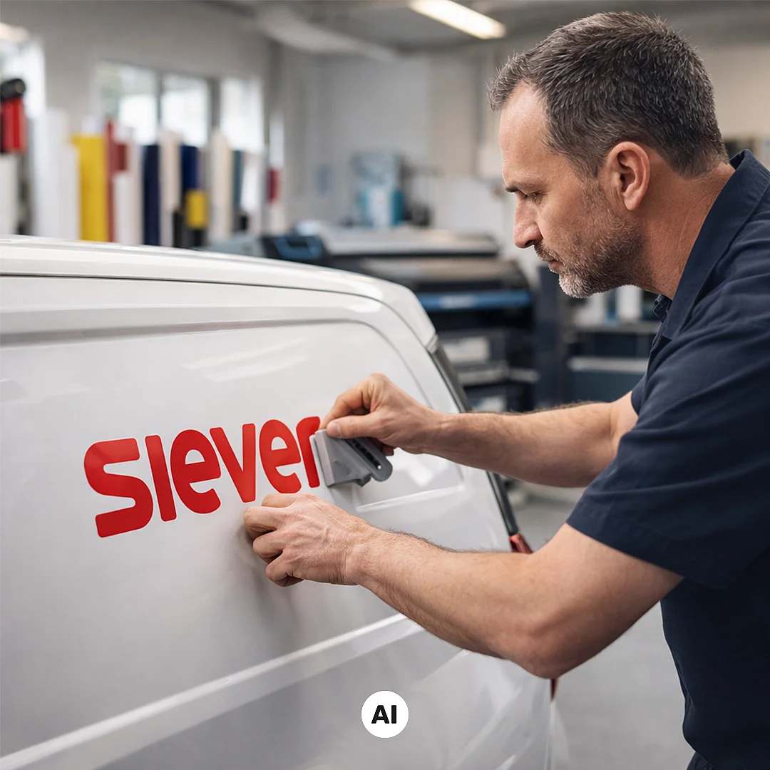 KI-generiertes Bild: Werbetechniker bringt Sievers Logo an einem Auto an