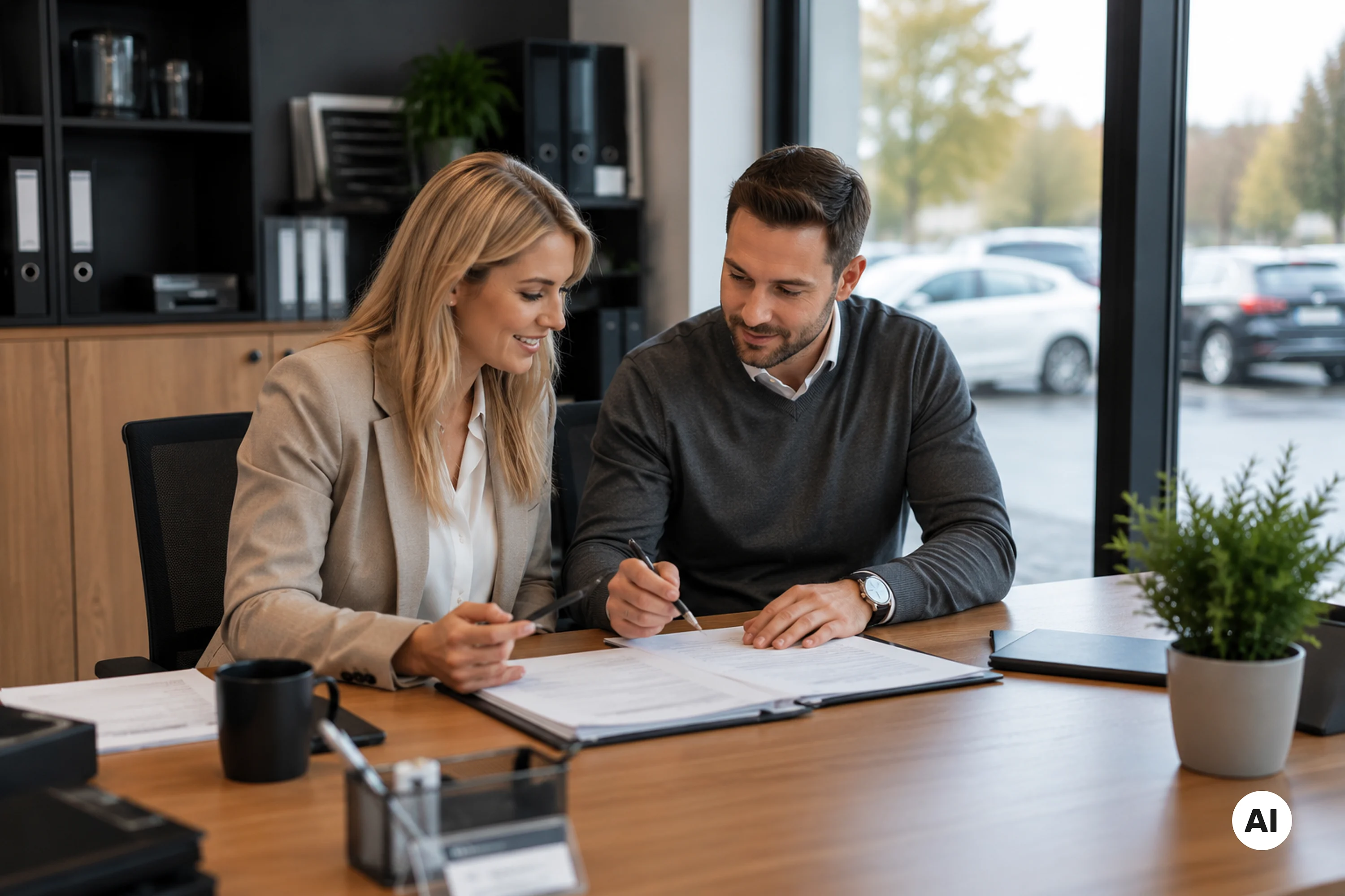 KI-generiertes Bild einer Frau und eines Mannes, die zusammen an einem Bürotisch sitzen und sich Unterlagen ansehen