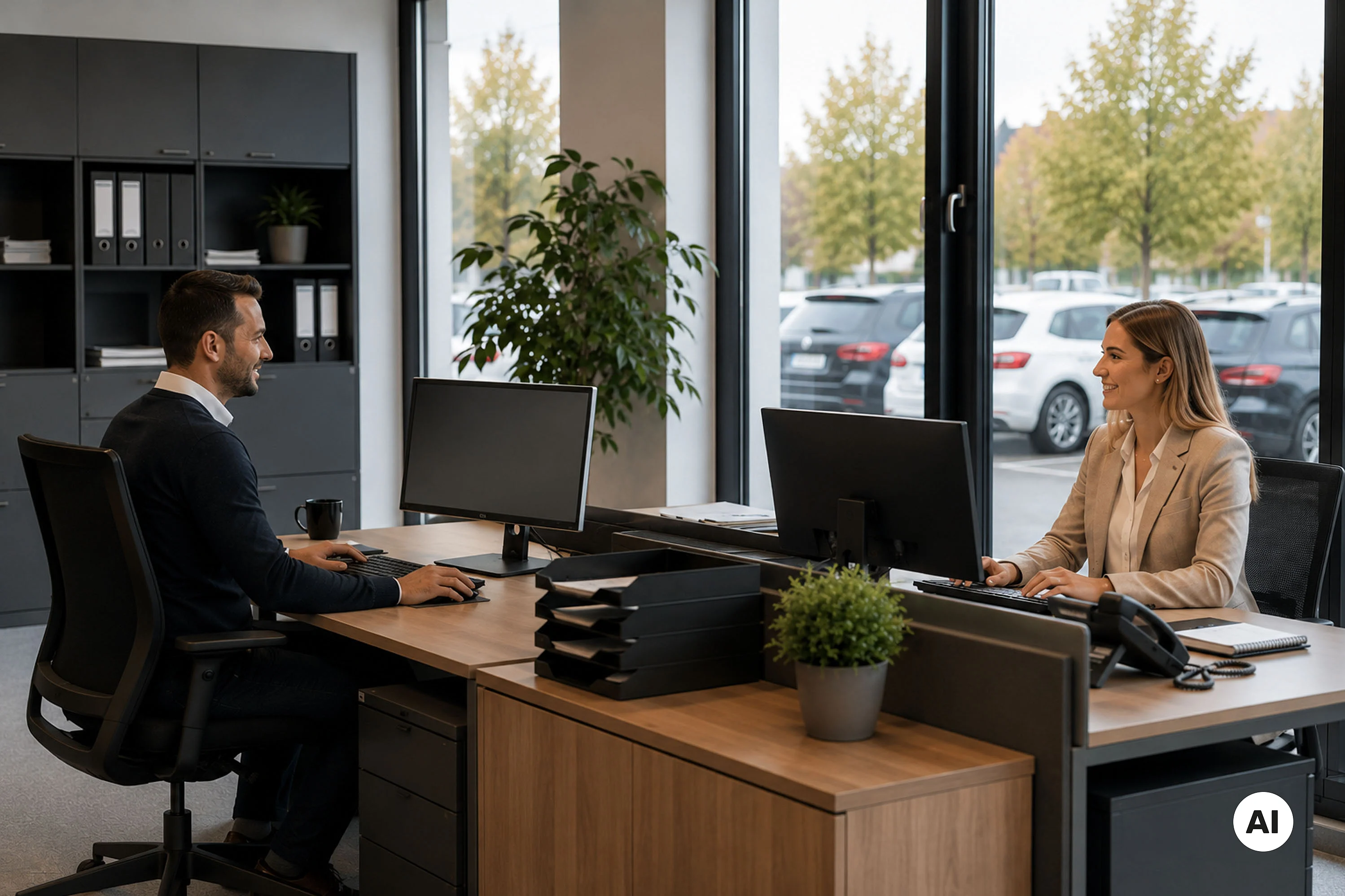 KI-generiertes Bild von einem Mann und einer Frau, die zusammen in einem Büro sitzen und sich ansehen