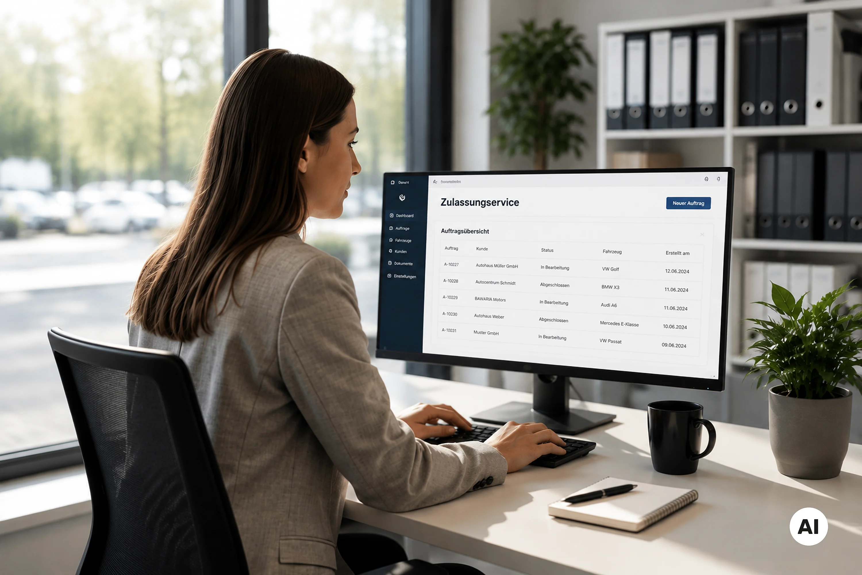 KI-generiertes Bild einer Frau, die am PC sitzt und arbeitet