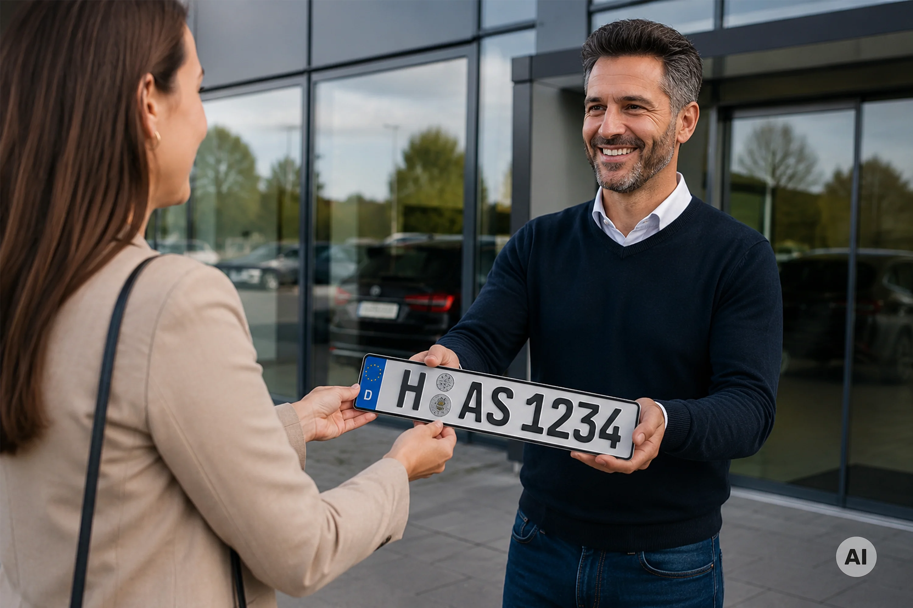 KI-generiertes Bild einer Kfz-Kennzeichen Übergabe.
