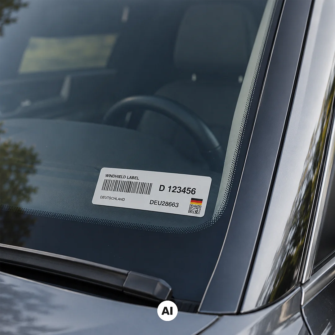 KI-generiertes Bild: Windschutzscheibe vom Auto mit Windshield Label in der Nahaufnahme