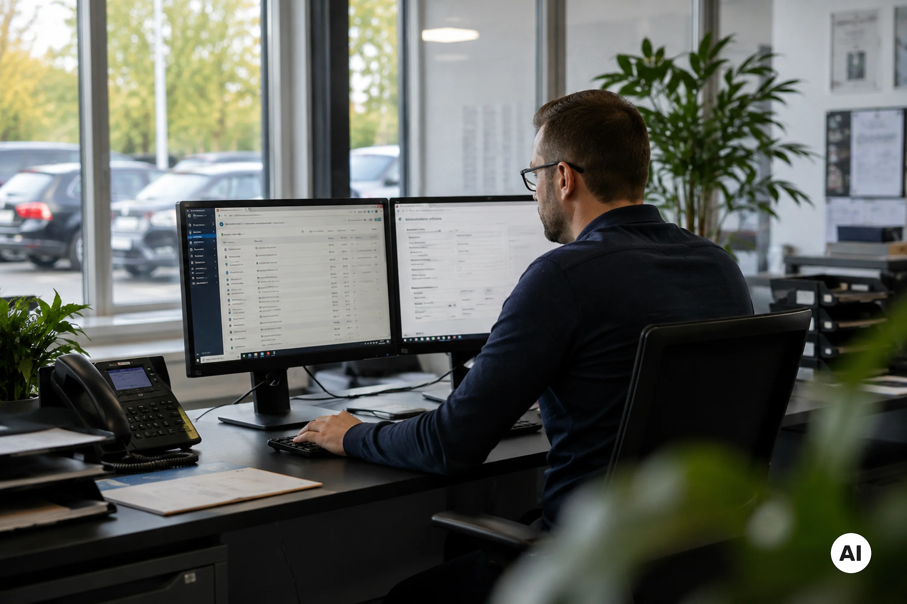 KI-generiertes Bild: Ein Mann arbeitet in einem Büro an zwei Bildschirmen.