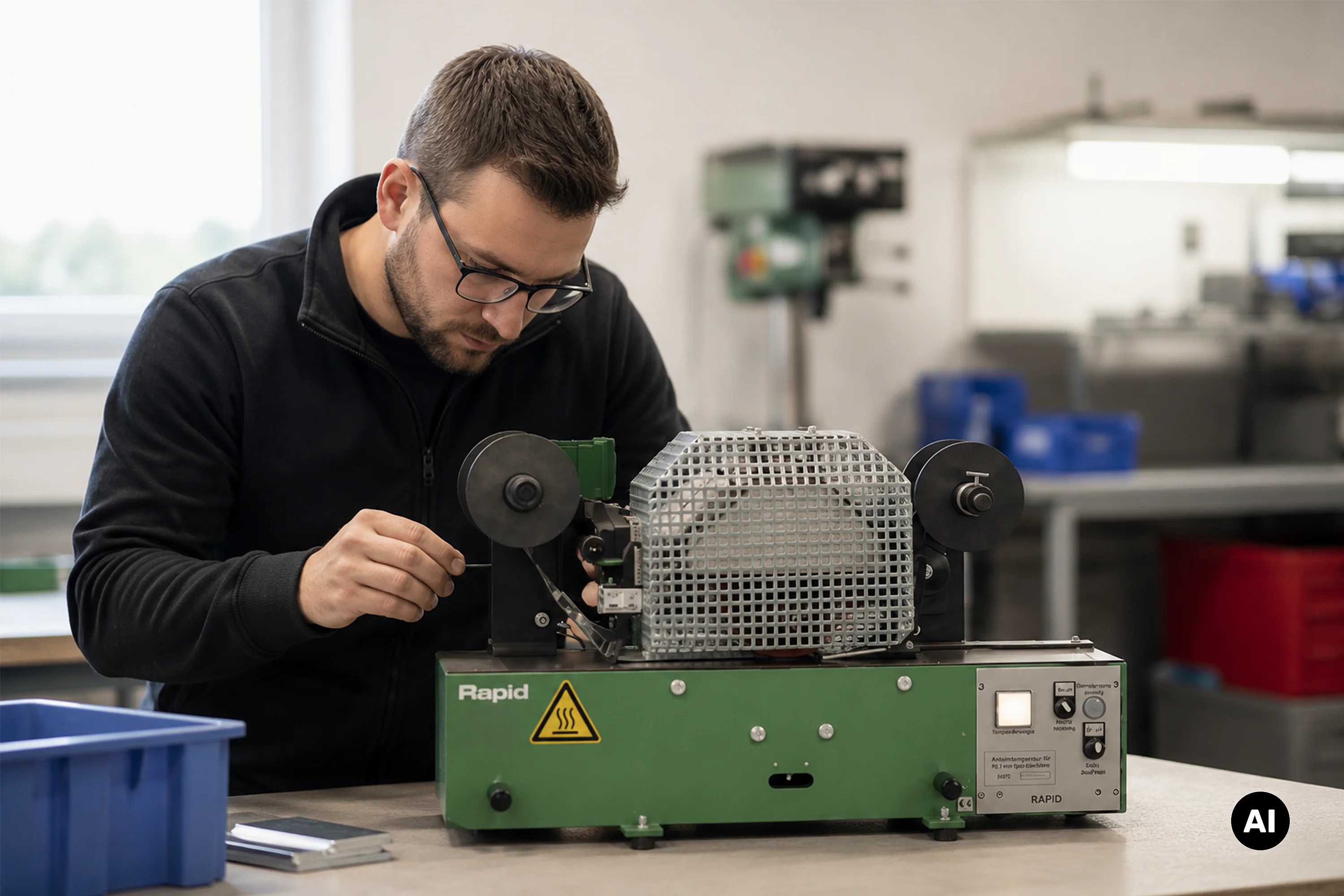 KI-generiertes Bild: Ein Mann führt eine Reparatur oder Wartung an einer Maschine durch