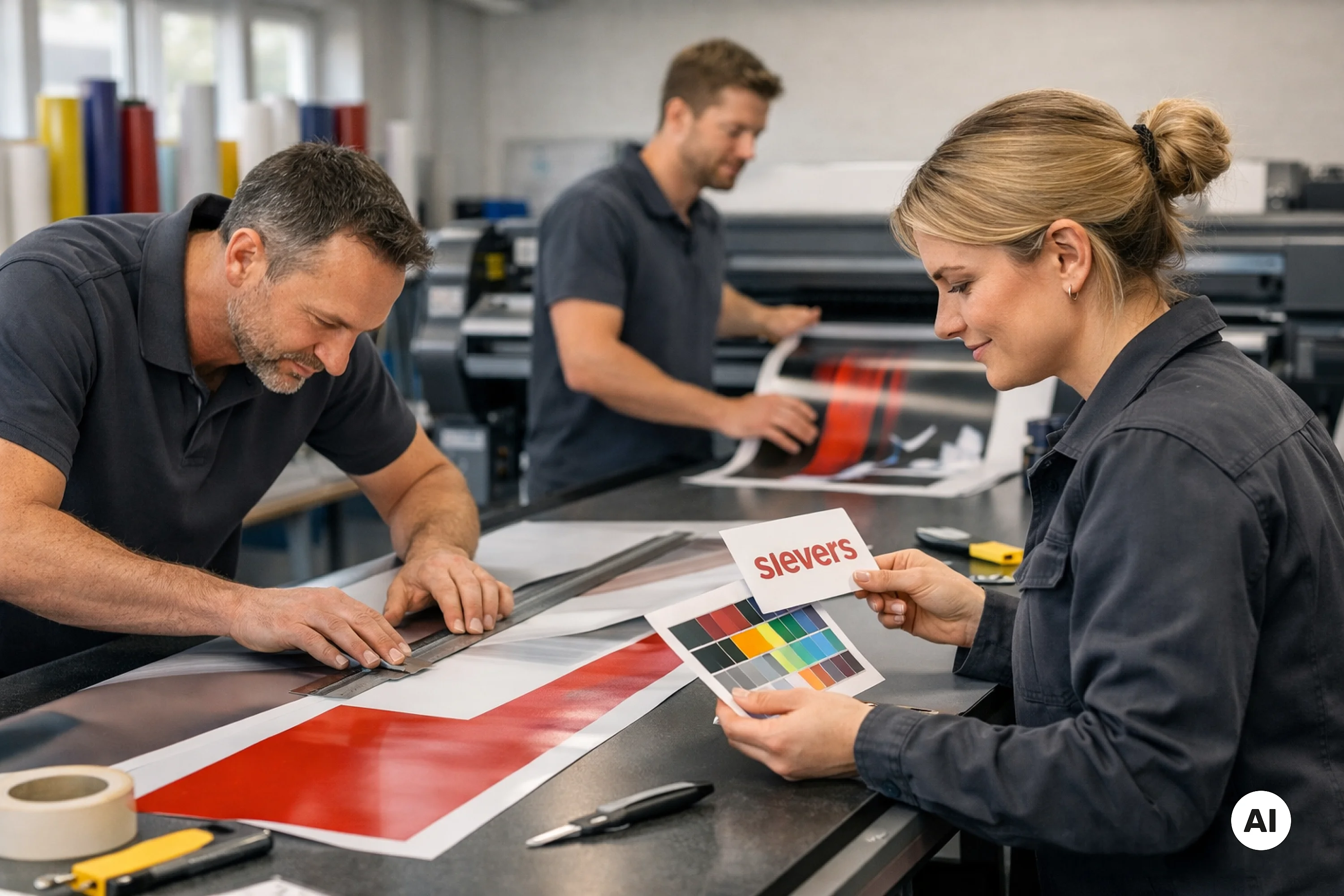 KI-generiertes Bild: Werbetechnik Team schneidet Folien aus und vergleicht Farben