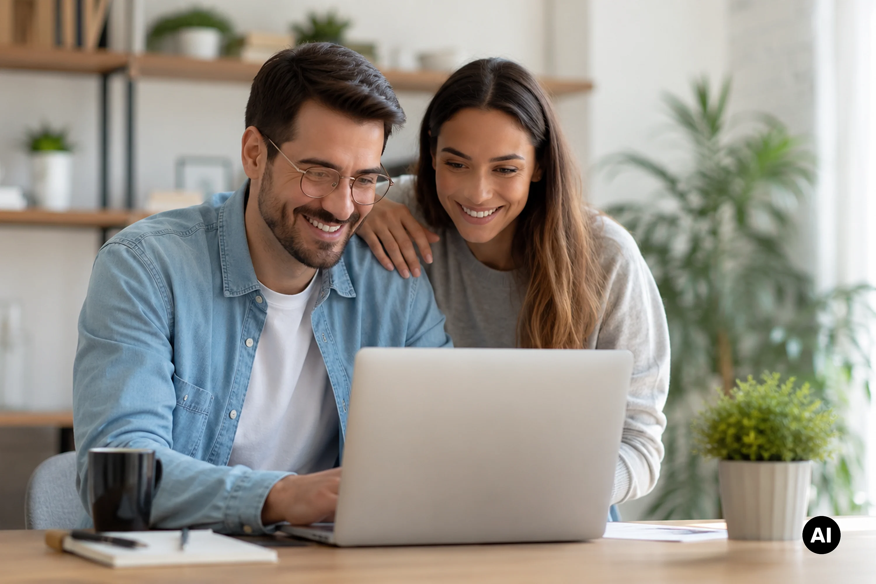 KI-generiertes Bild: Ein Mann und eine Frau sitzen im Wohnzimmer am Laptop