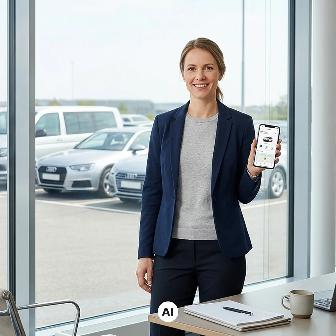 KI-generiertes Bild: Frau steht mit Smartphone in der Hand vor großem Fenster. Im Hintergrund stehen Autos.