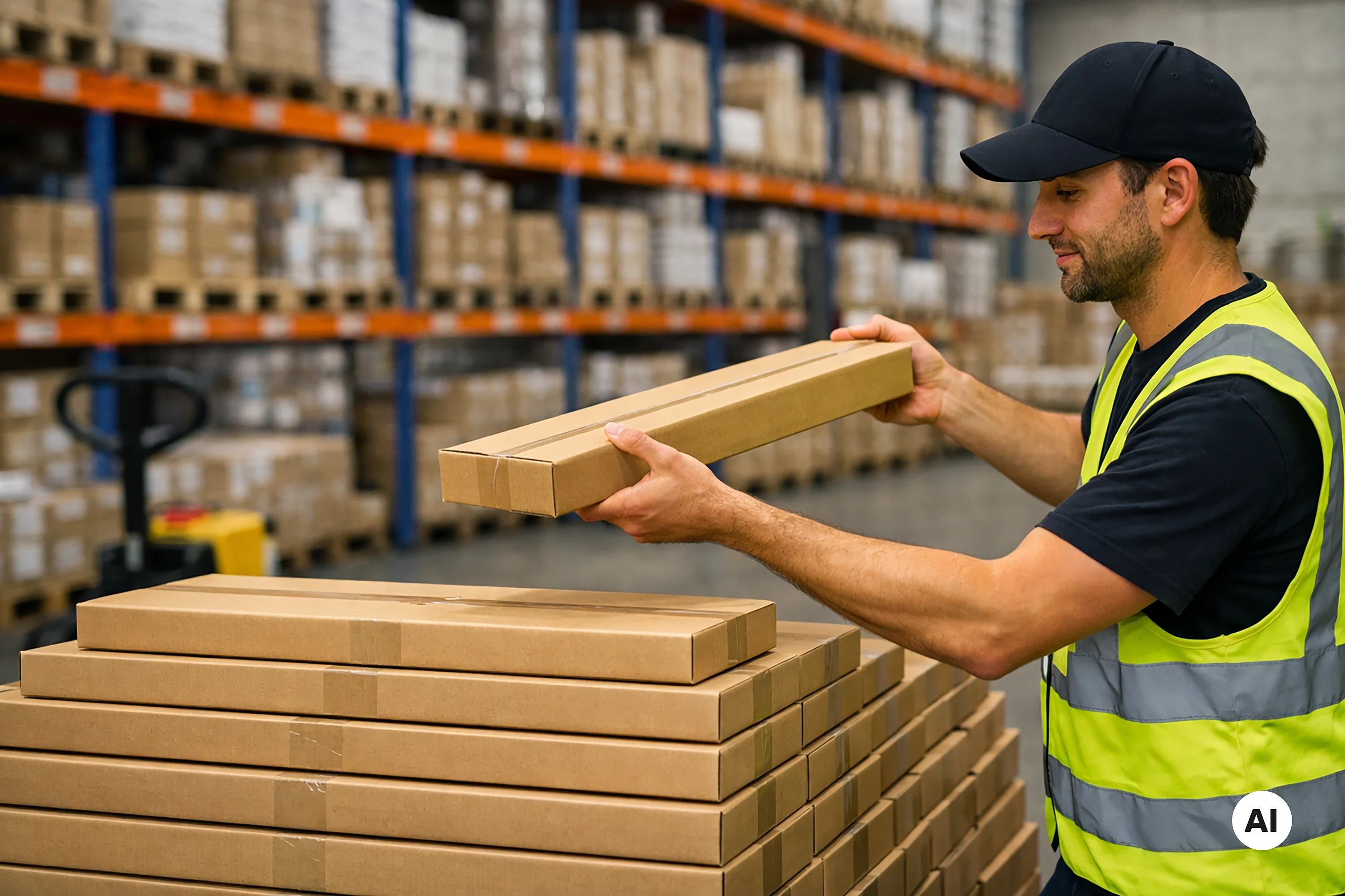 KI-generiertes Bild: Ein Mann mit Warnweste im Lager hat ein längliches Paket in den Händen