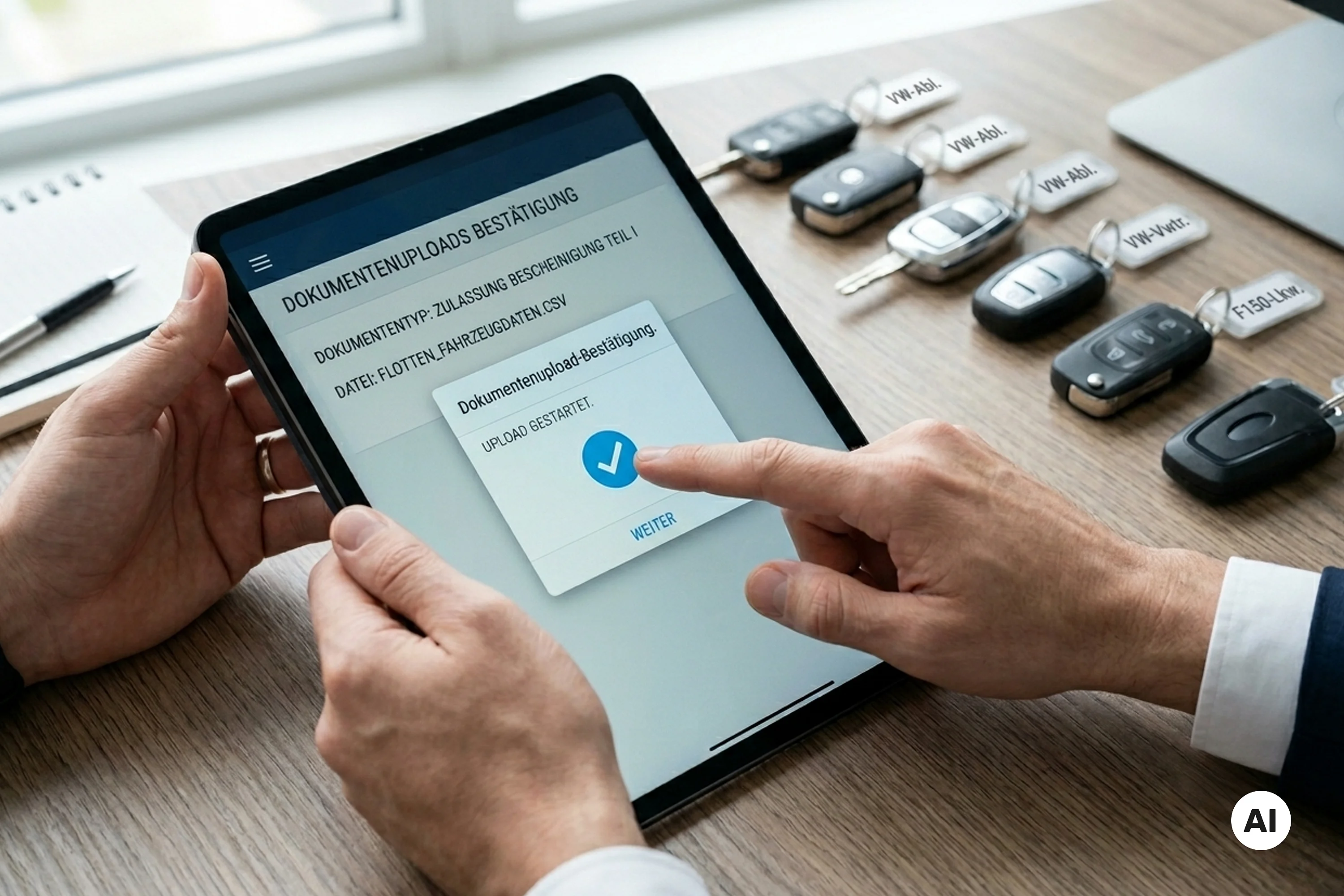 KI-generiertes Bild: Eine Person hält ein Tablet in der Hand. Auf dem Tisch liegen Schlüssel diverser Fahrzeugmarken