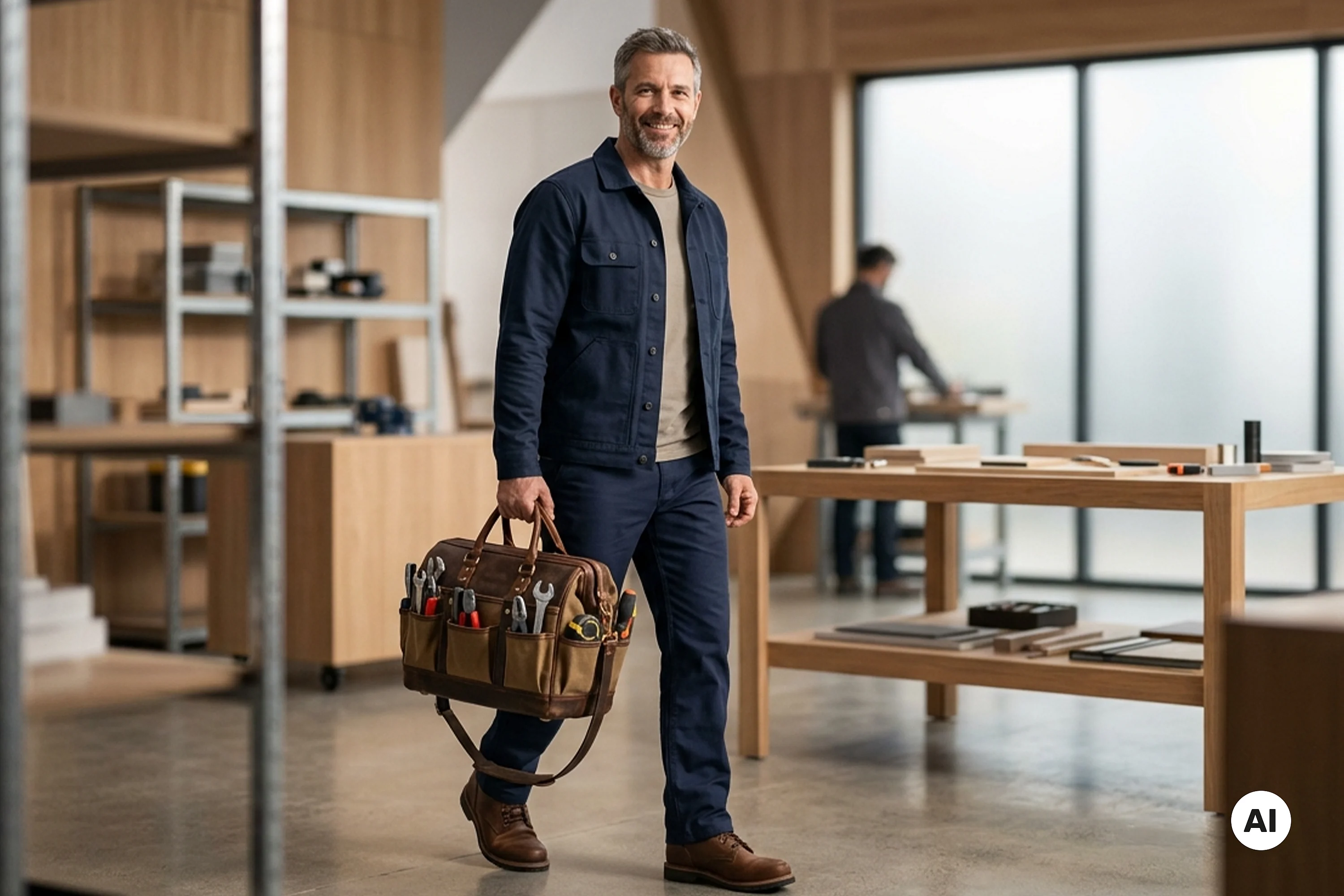 KI-generiertes Bild: Ein Mann geht durch eine Halle mit einer Werkzeugtasche in der Hand